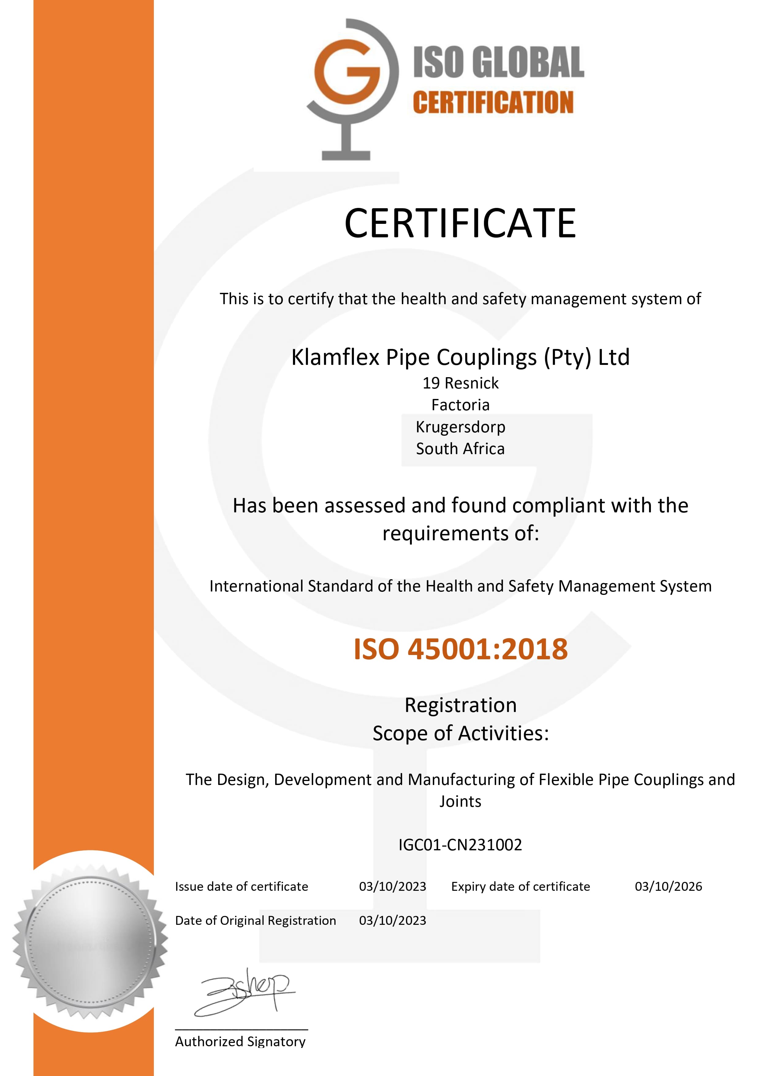 Klamflex ISO Global Certification Certificate ISO 450001:2018 IGC01-CN231002